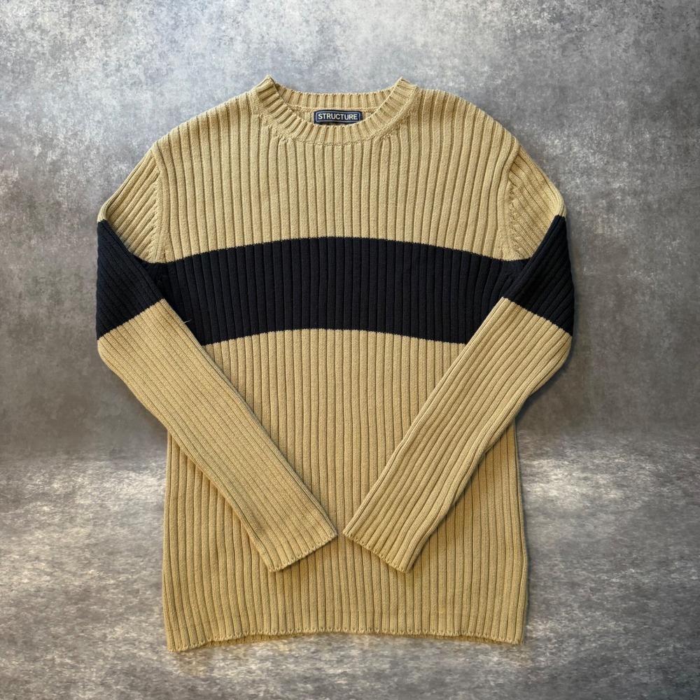 Vintage 90s Structure Ribbed Knit Sweater Men Medium M Tan Navy Stripe Crewneck